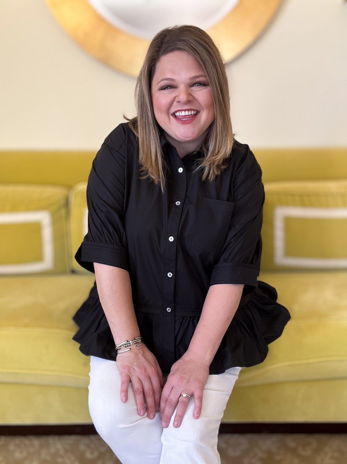 The Essential Curvy Black Ruffle Button Top