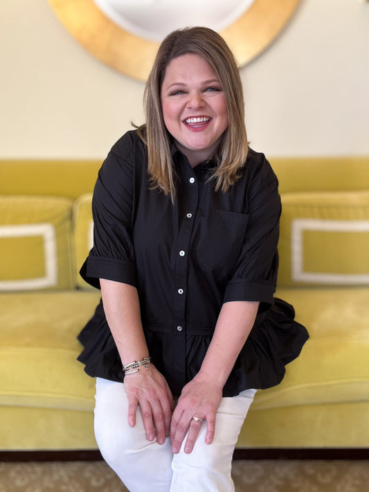 The Essential Curvy Black Ruffle Button Top