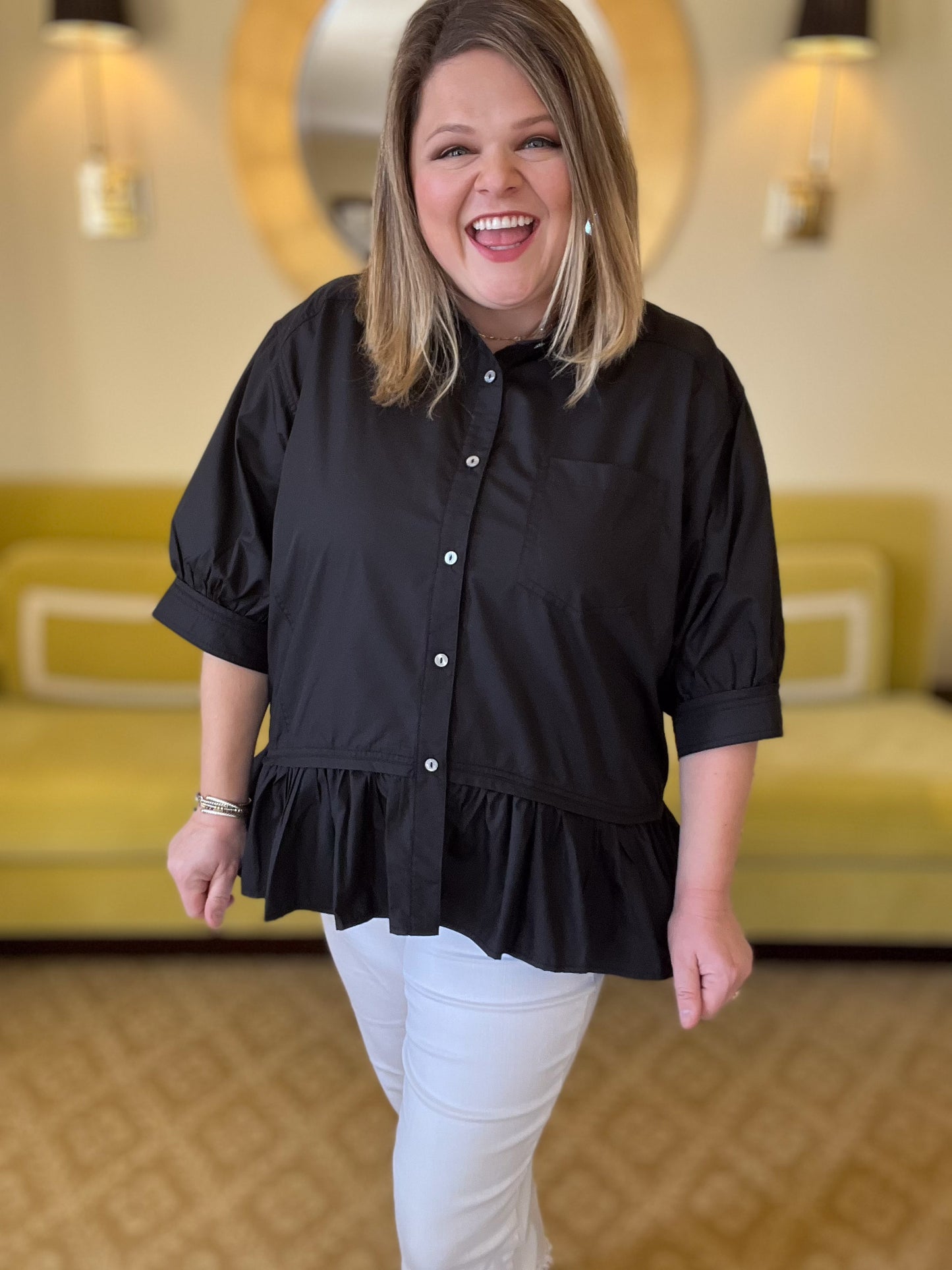 The Essential Curvy Black Ruffle Button Top