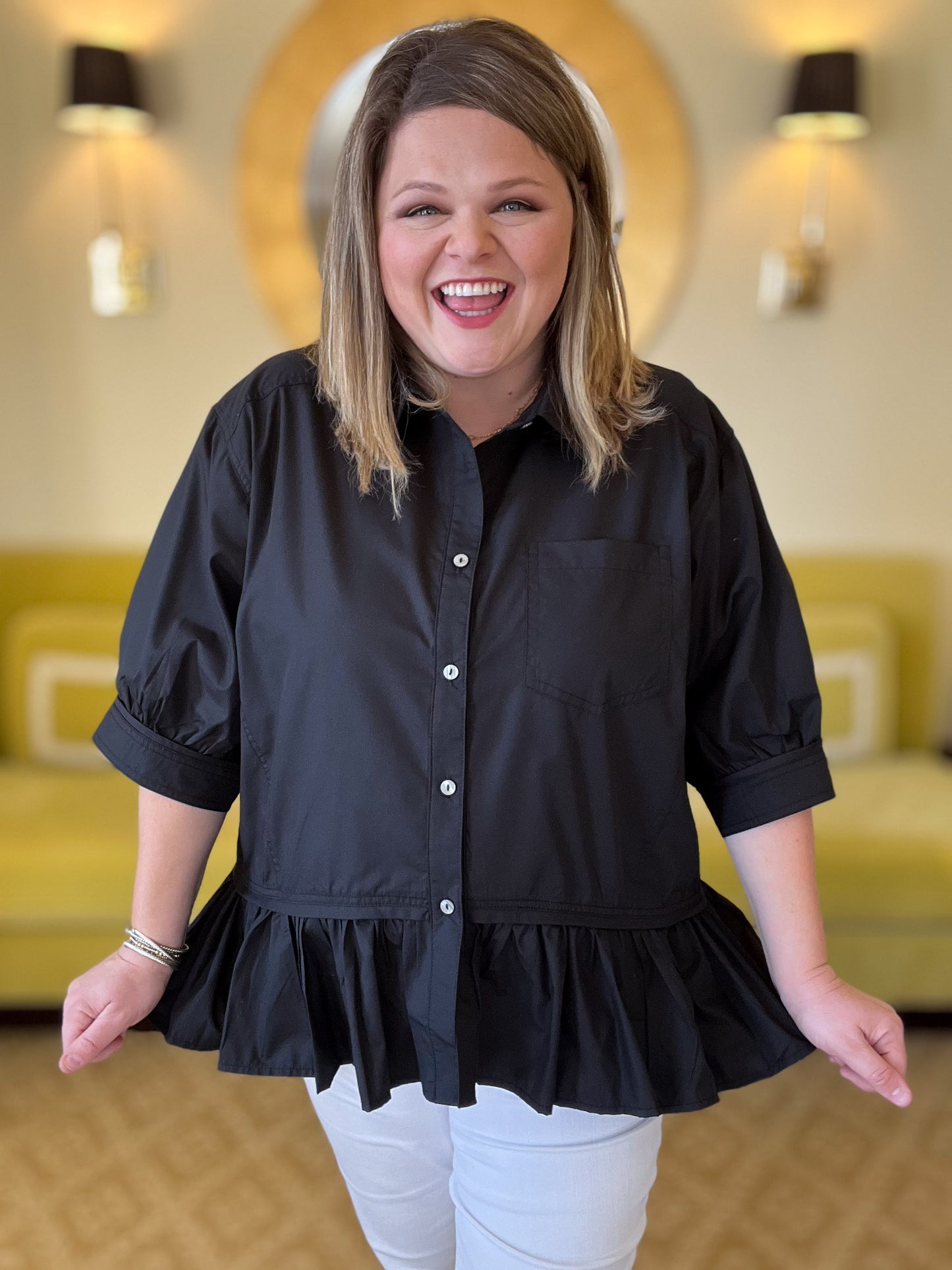 The Essential Curvy Black Ruffle Button Top