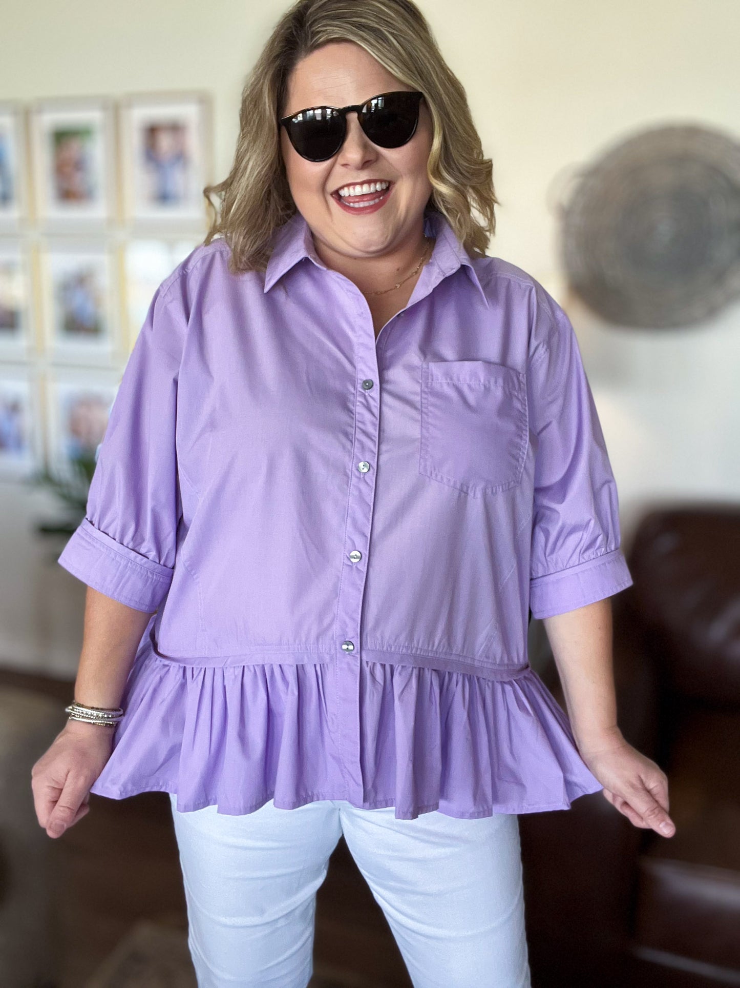 The Essential Curvy Lavender Ruffle Button Top