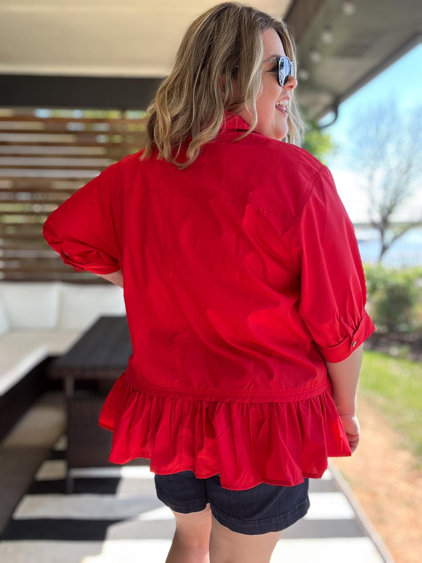 The Essential Curvy Red Ruffle Button Top
