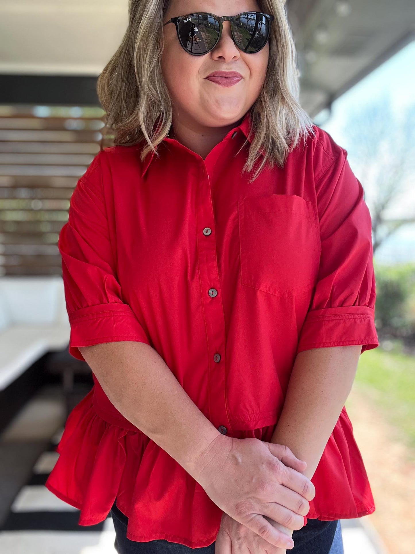 The Essential Curvy Red Ruffle Button Top