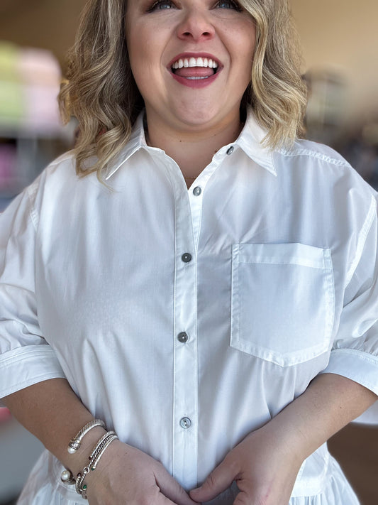 The Essential Curvy White Ruffle Button Top