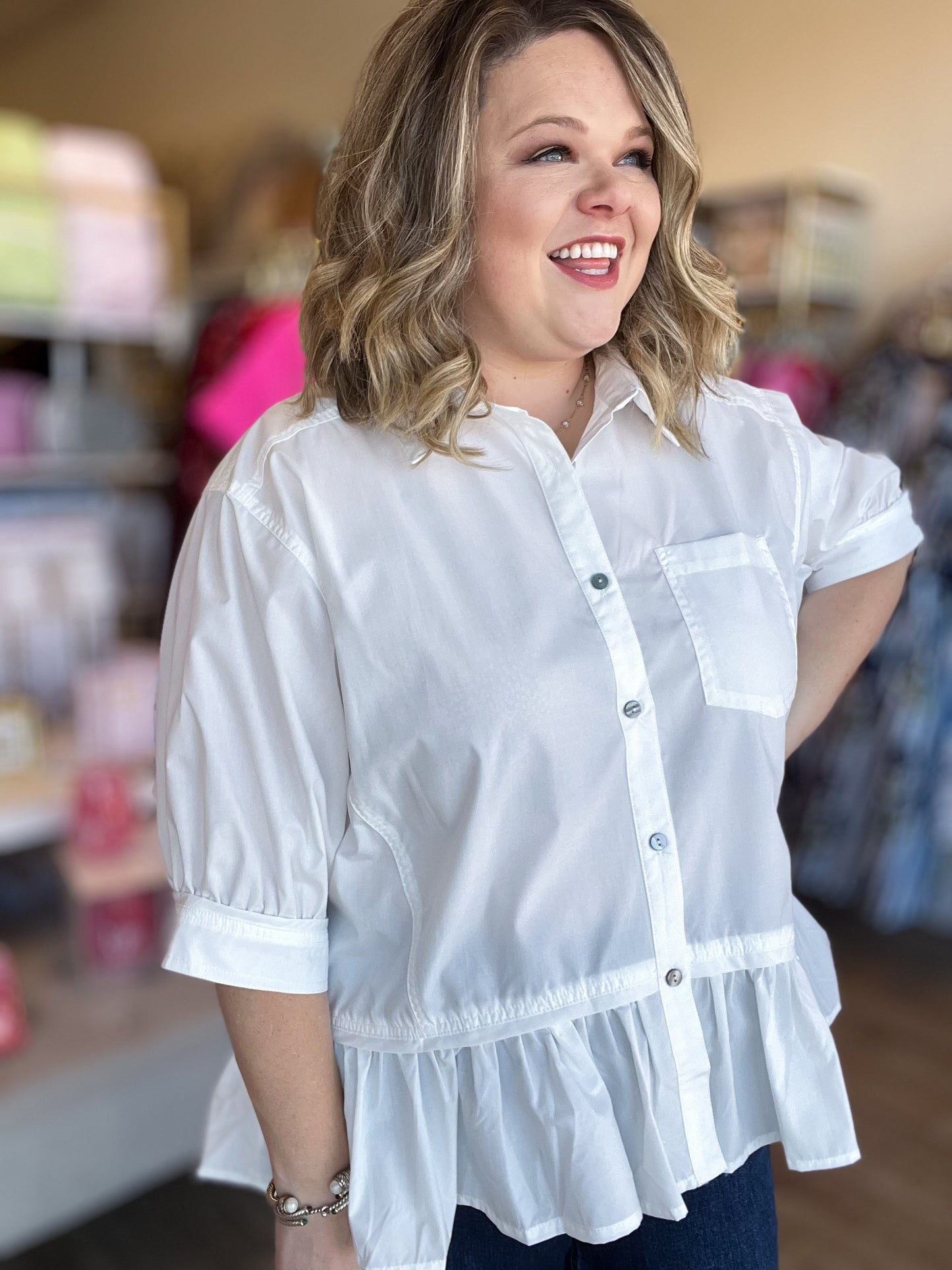 The Essential Curvy White Ruffle Button Top