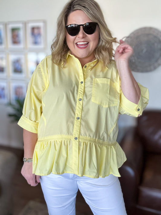 The Essential Curvy Yellow Ruffle Button Top