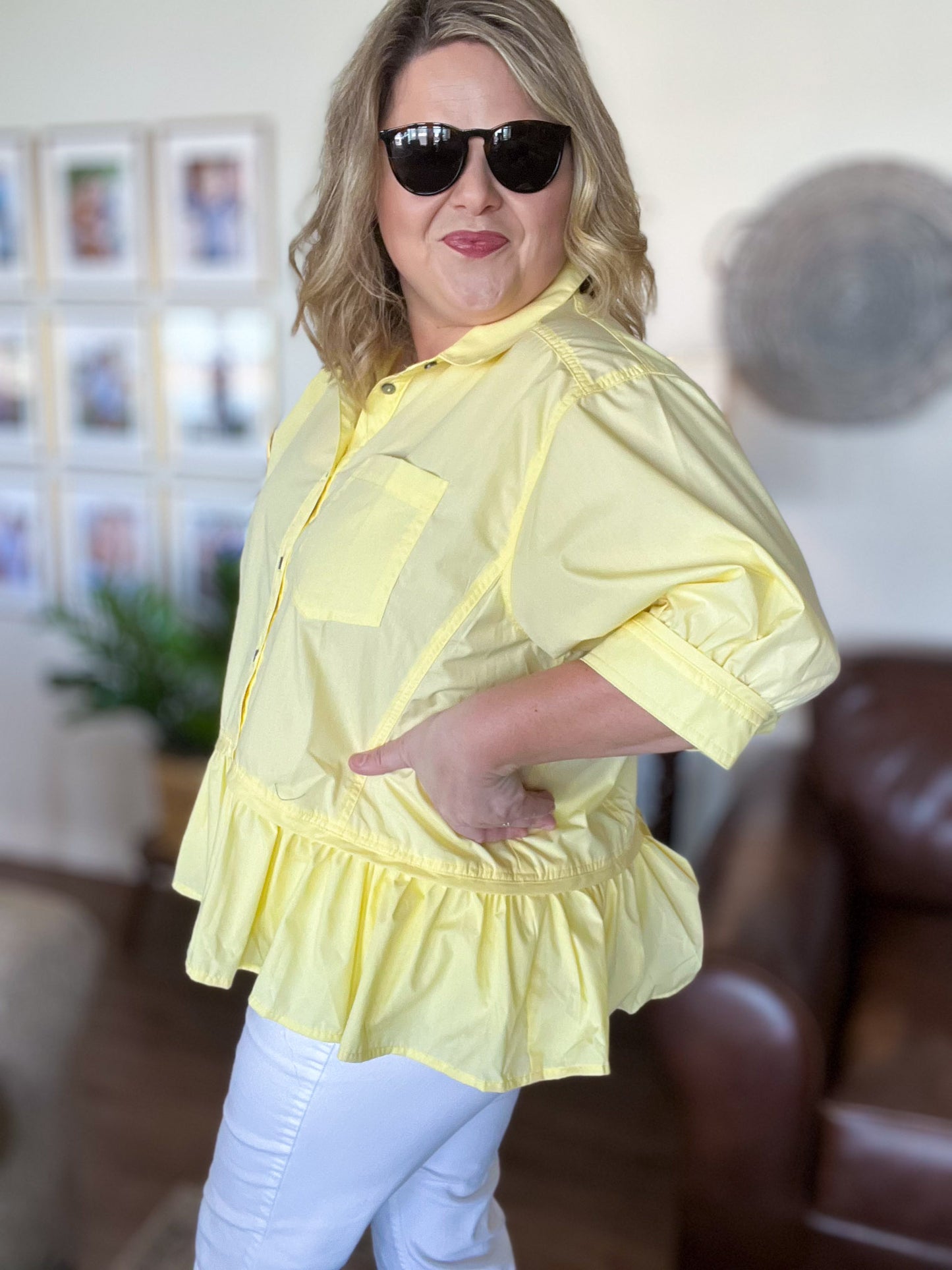 The Essential Curvy Yellow Ruffle Button Top