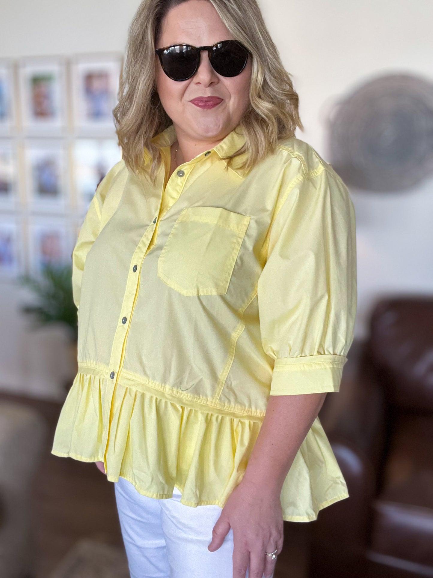 The Essential Curvy Yellow Ruffle Button Top