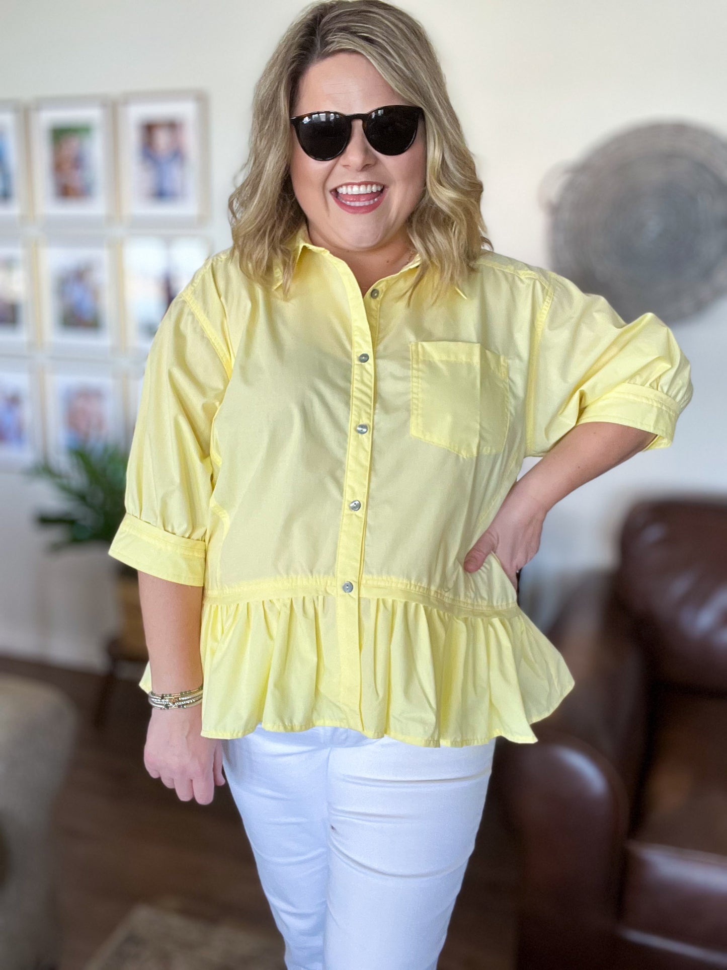 The Essential Curvy Yellow Ruffle Button Top