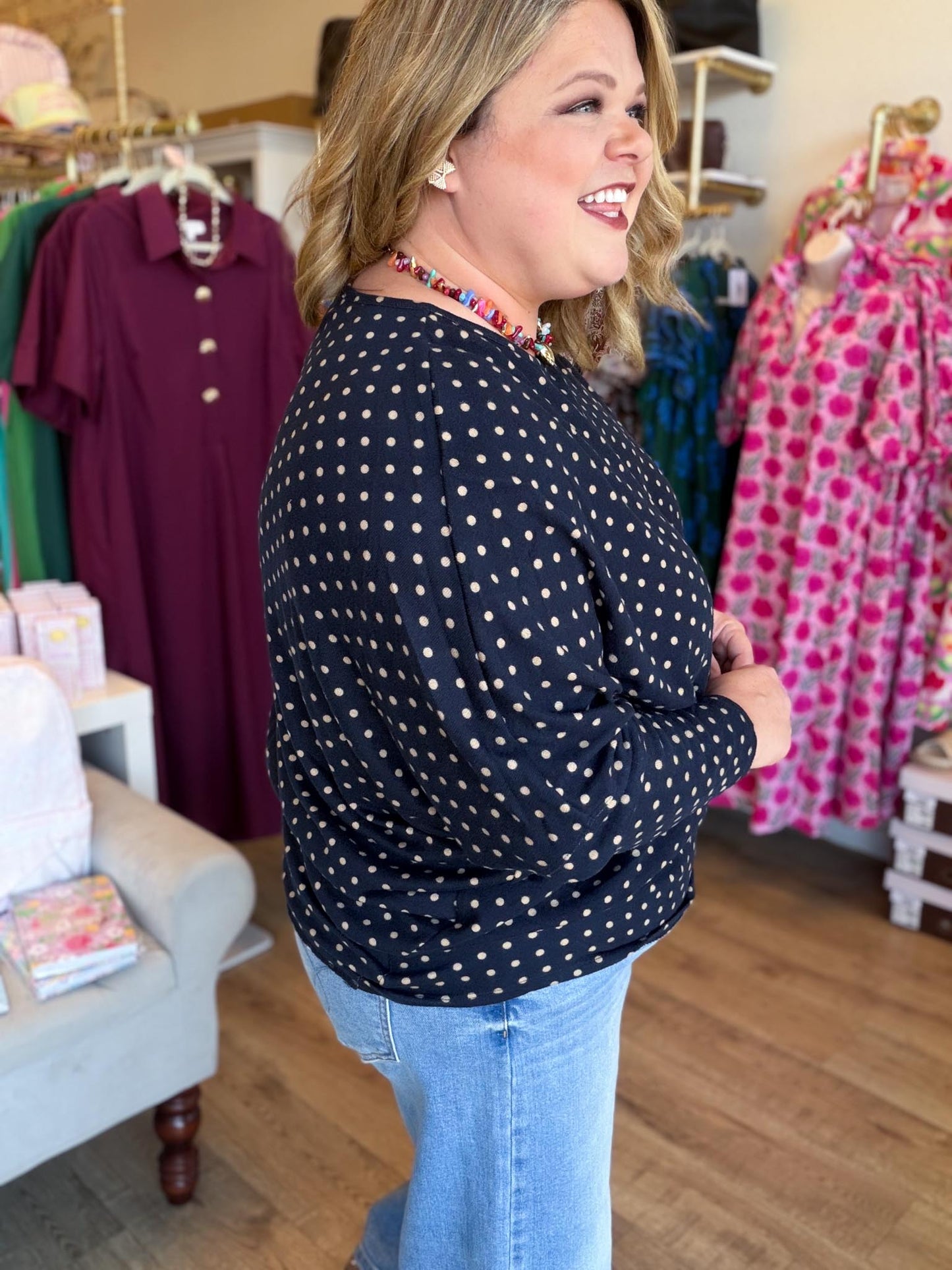 The Everday Dot Curvy Navy Polka Dot Top