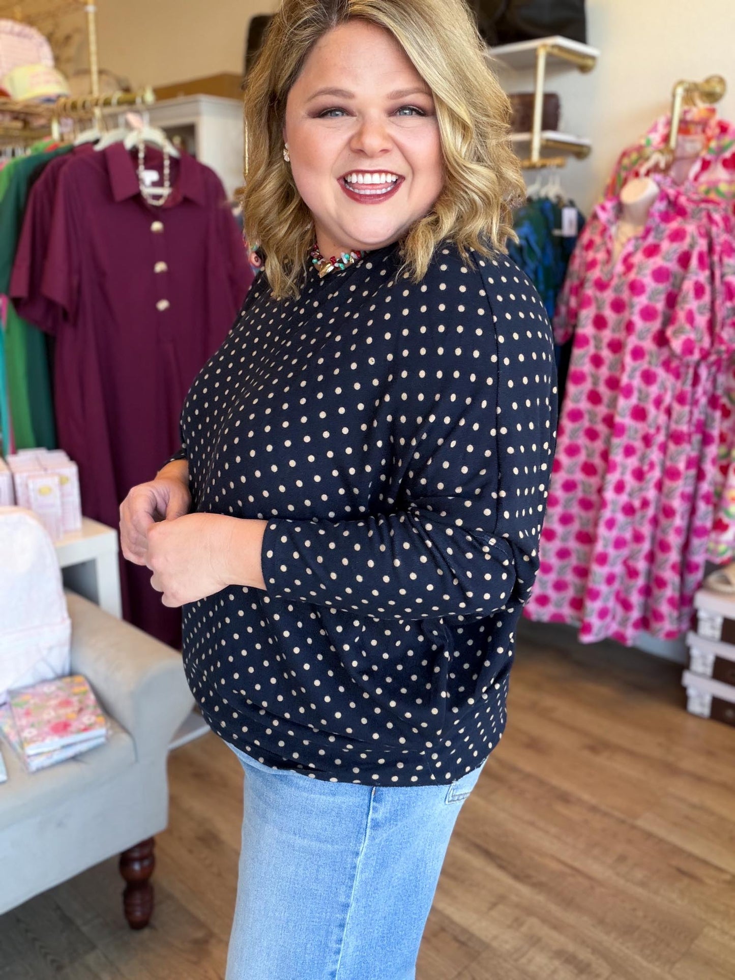 The Everday Dot Curvy Navy Polka Dot Top