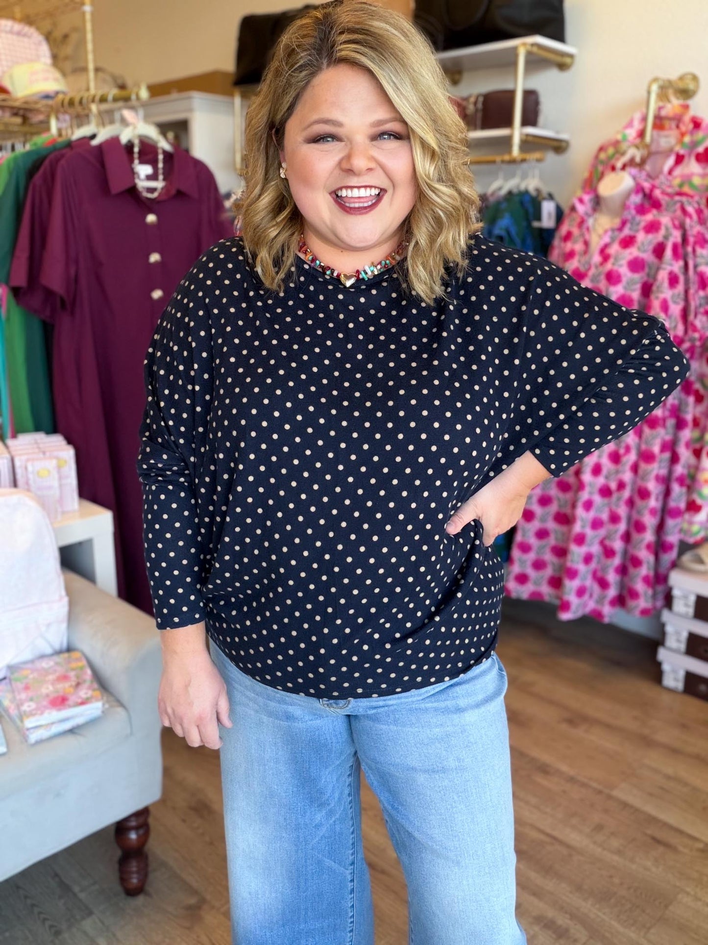 The Everday Dot Curvy Navy Polka Dot Top