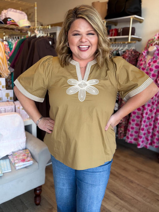 The Last Bloom Plus-Size Olive Embroidered Top
