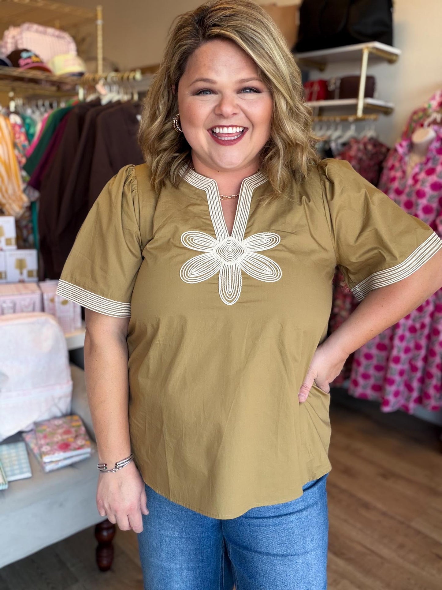 The Last Bloom Plus-Size Olive Embroidered Top