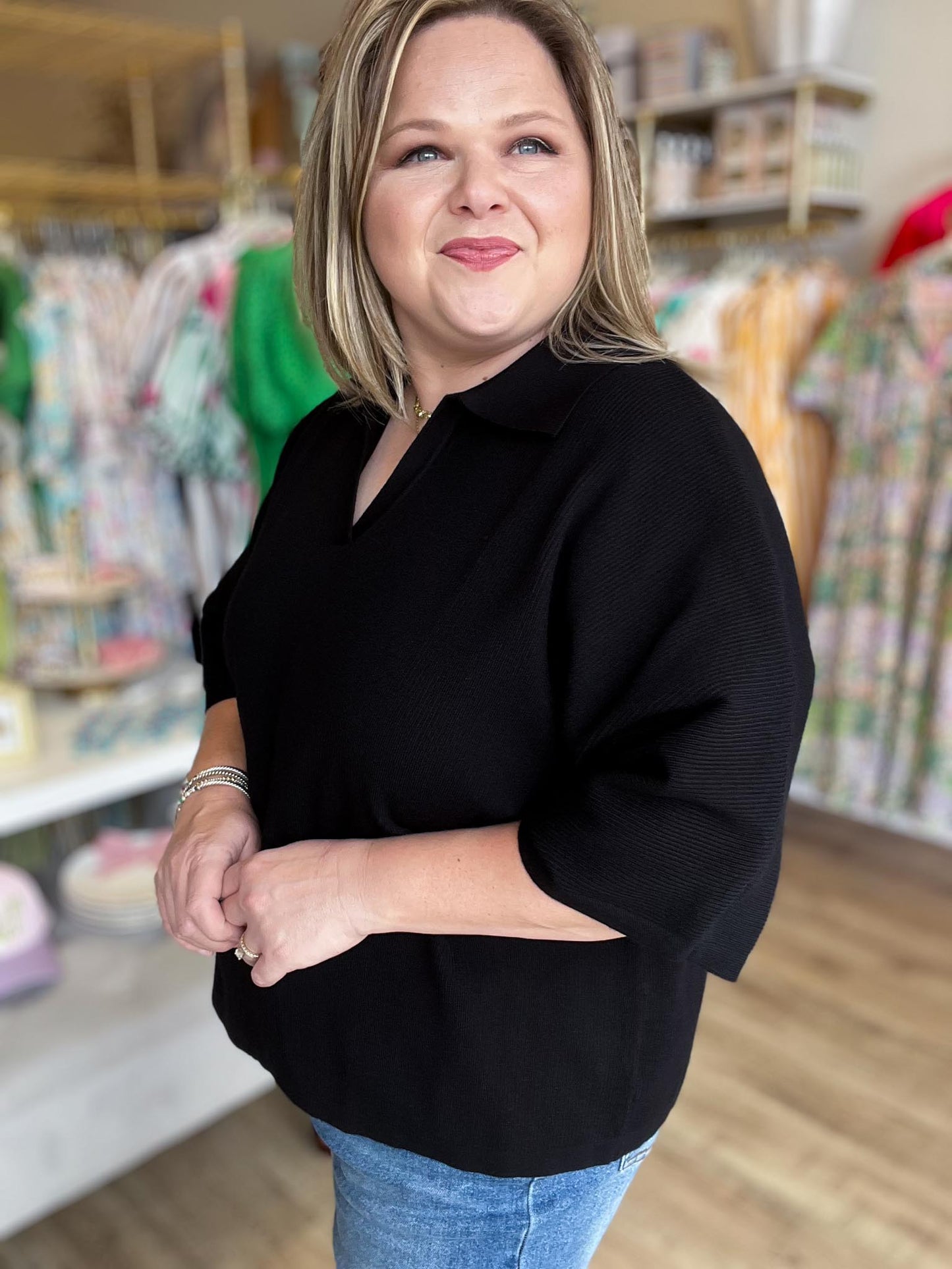The Minimal Moment Curvy Black Knit Collar Top