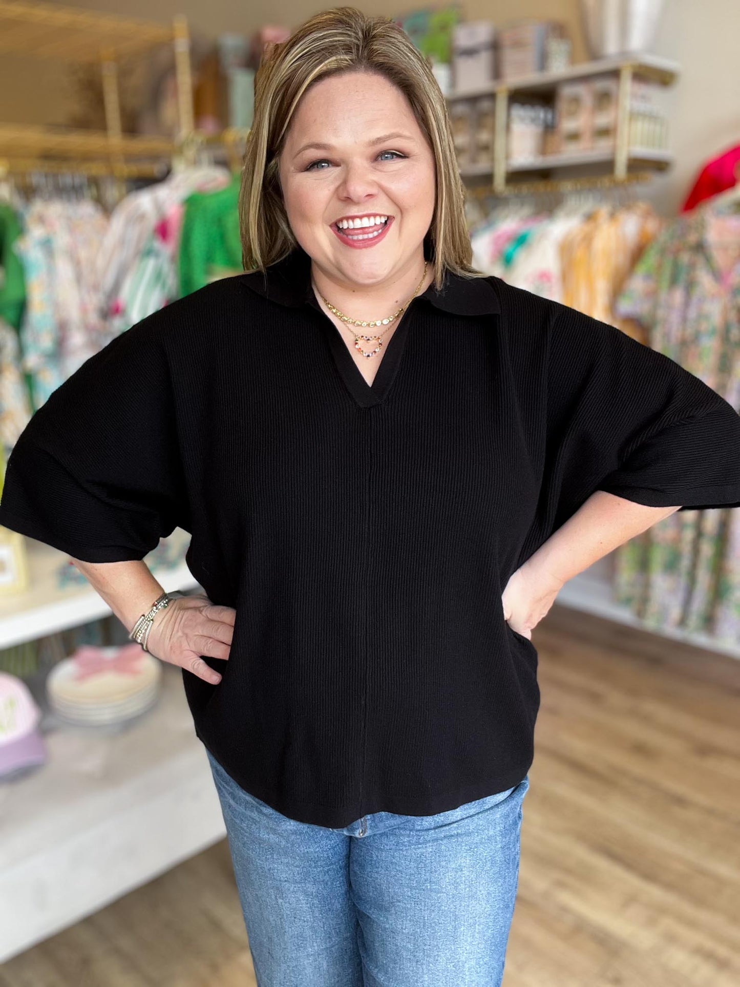The Minimal Moment Curvy Black Knit Collar Top