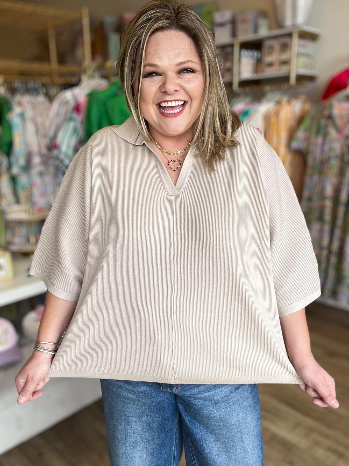 The Minimal Moment Curvy Stone Knit Collar Top