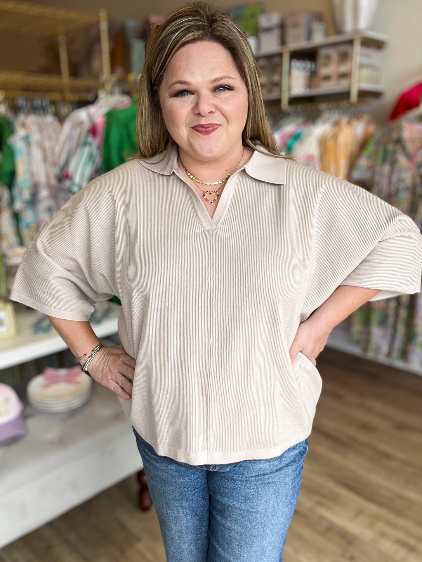 The Minimal Moment Curvy Stone Knit Collar Top