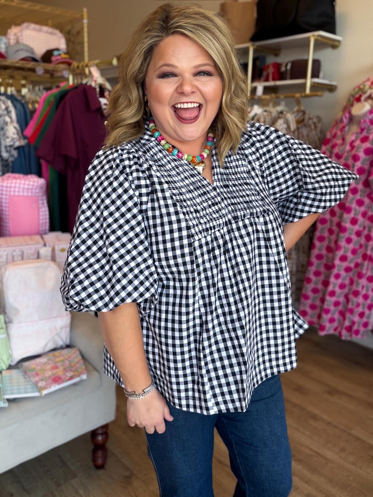 The Patch Party Curvy Black Gingham Top