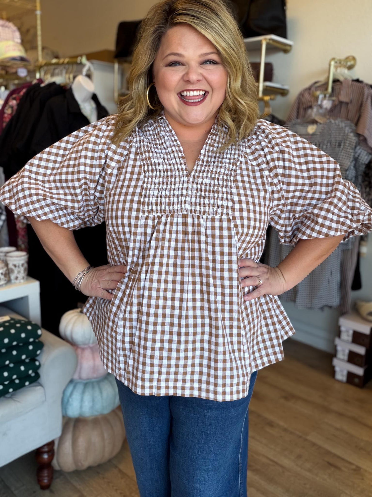The Patch Party Curvy Brown Gingham Top