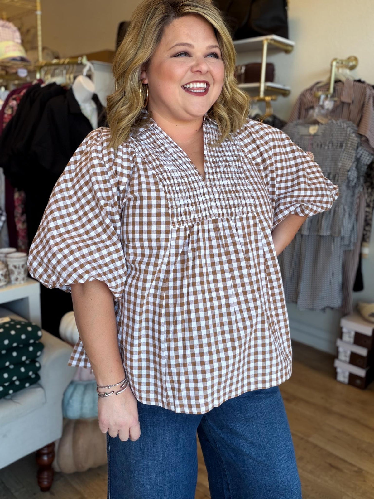 The Patch Party Curvy Brown Gingham Top