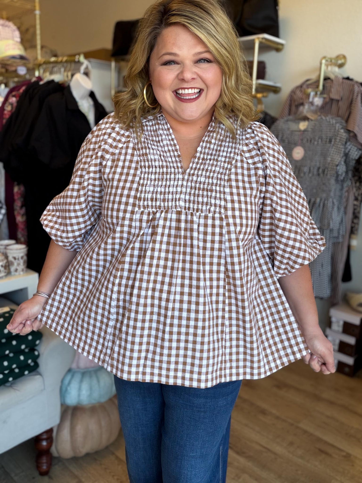 The Patch Party Curvy Brown Gingham Top