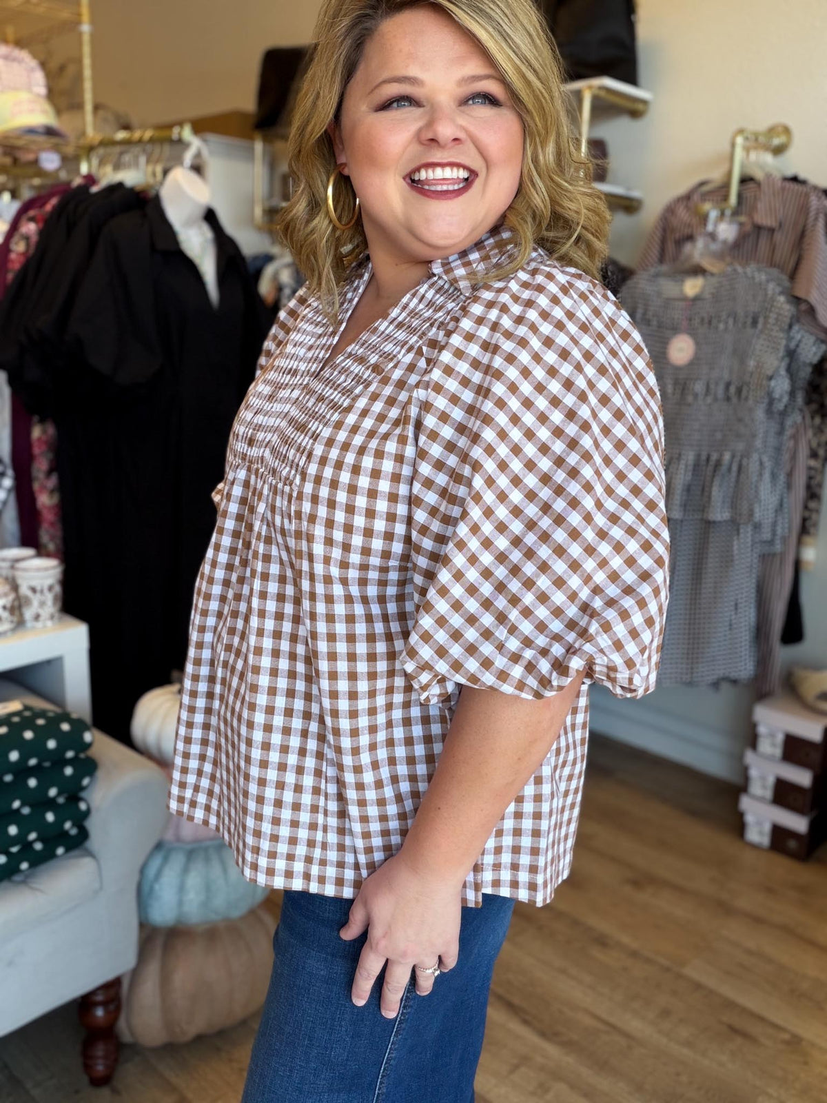 The Patch Party Curvy Brown Gingham Top