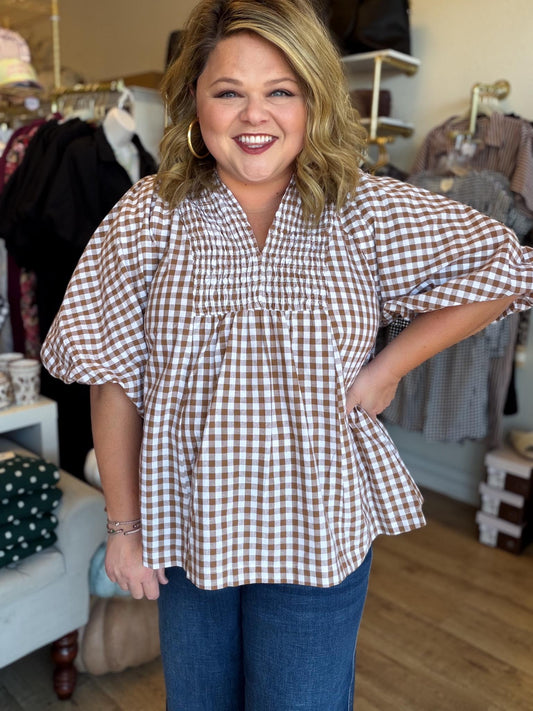 The Patch Party Curvy Brown Gingham Top