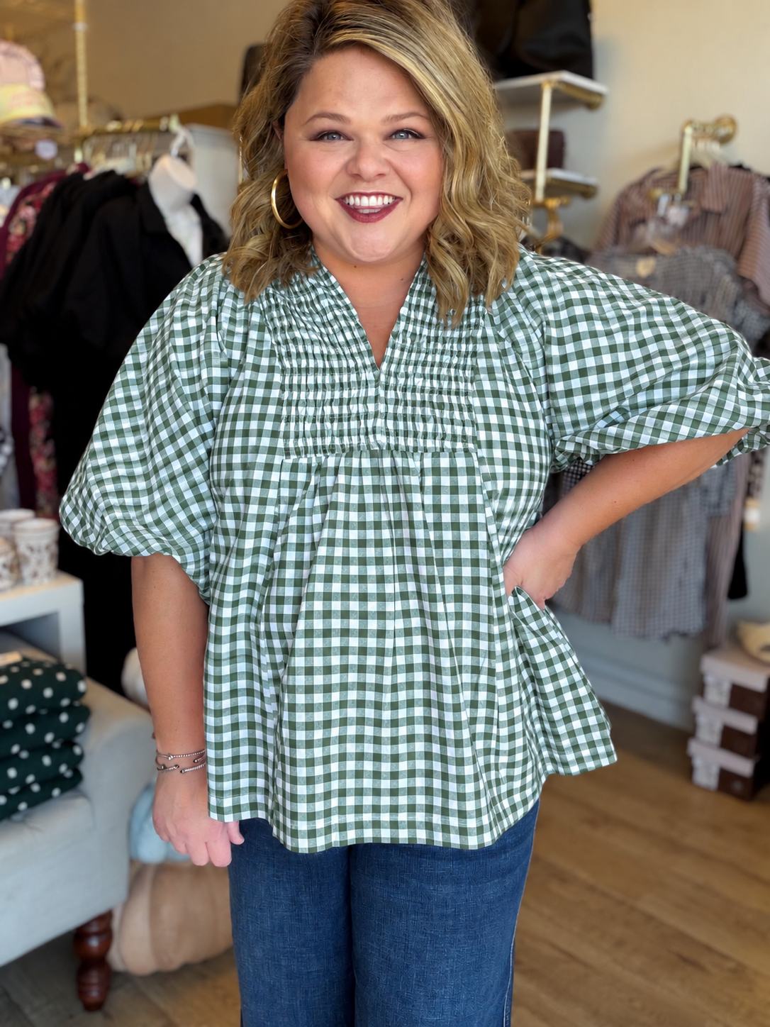 The Patch Party Curvy Hunter Green Gingham Top