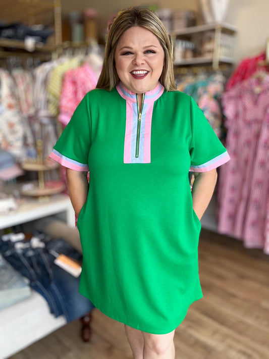 The Polished Edge Curvy Green Contrast Trim Casual Dress