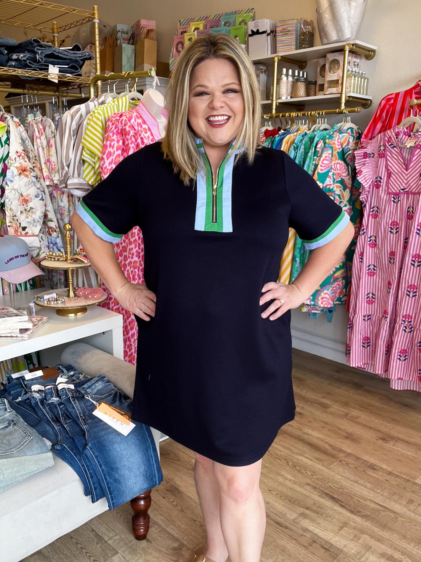 The Polished Edge Curvy Navy Contrast Trim Casual Dress