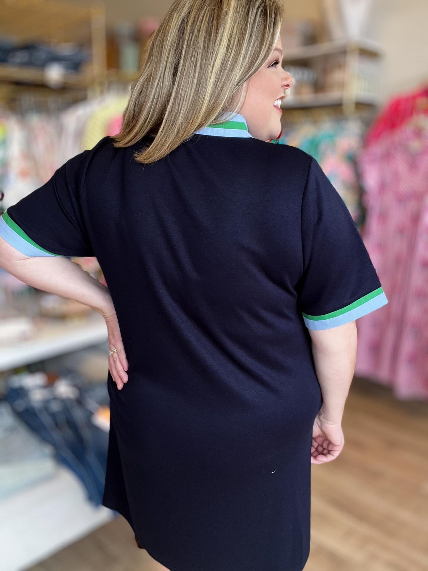The Polished Edge Curvy Navy Contrast Trim Casual Dress