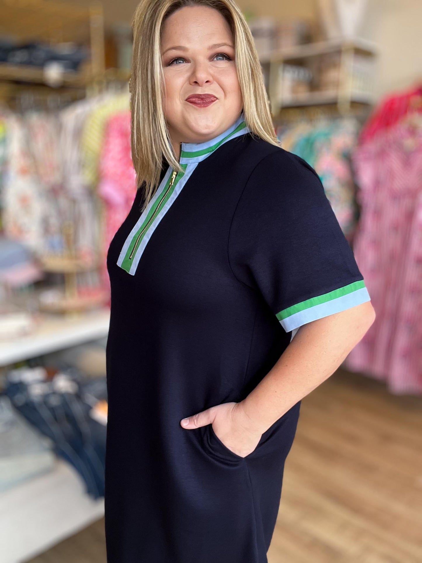 The Polished Edge Curvy Navy Contrast Trim Casual Dress