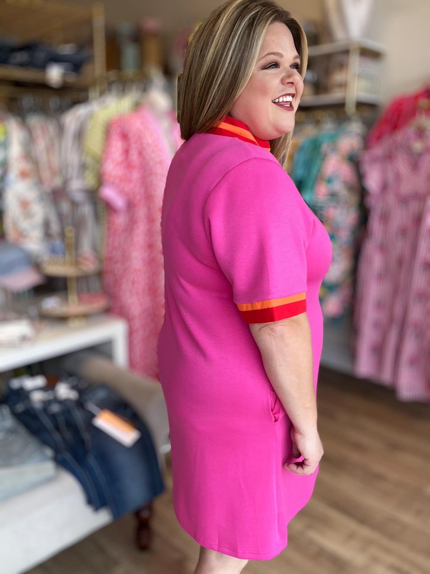 The Polished Edge Curvy Pink Contrast Trim Casual Dress