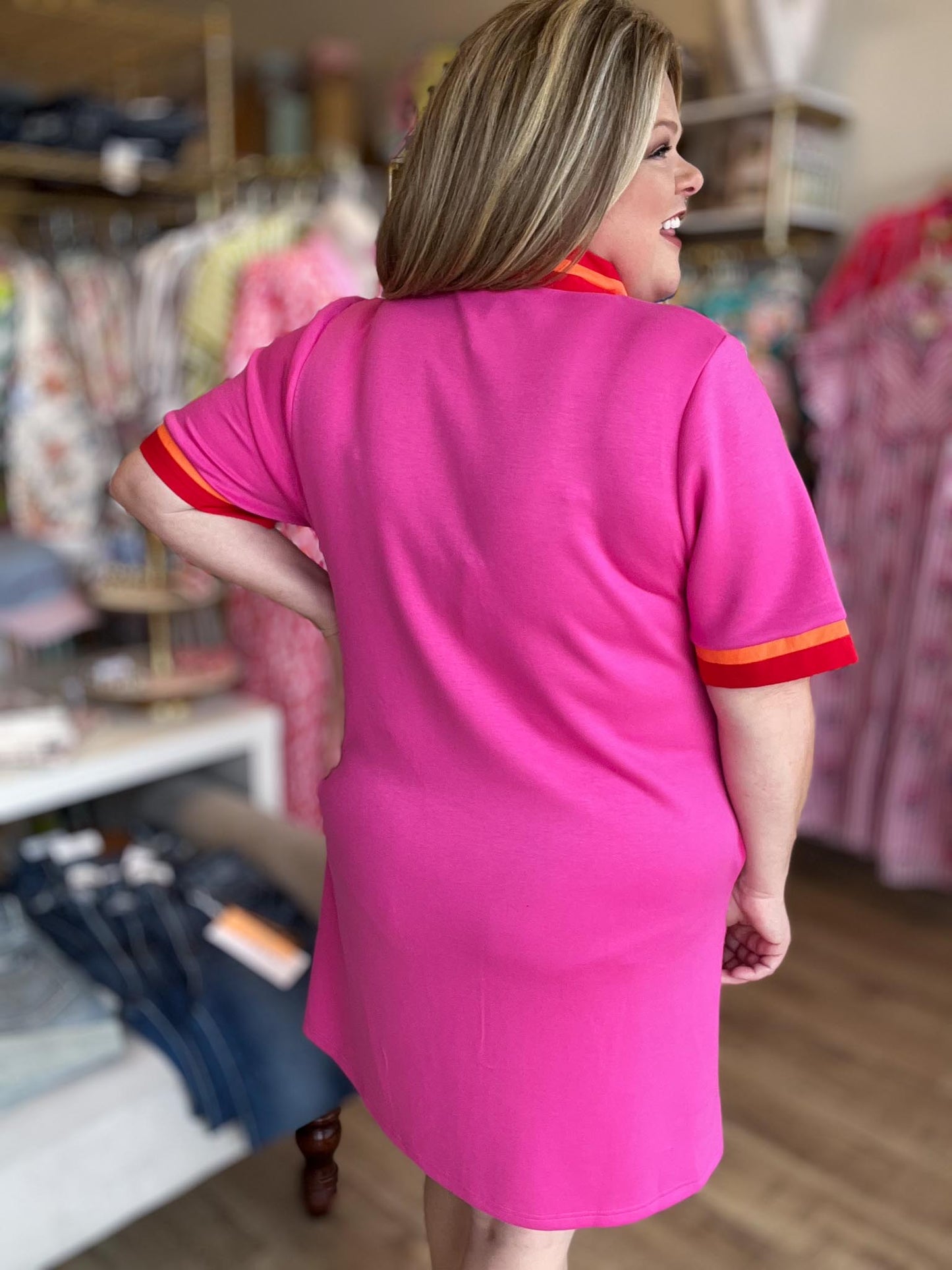 The Polished Edge Curvy Pink Contrast Trim Casual Dress