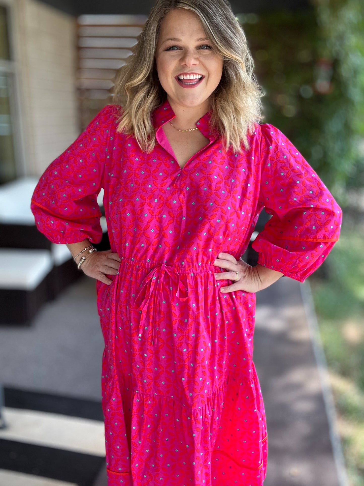 Think Pink Plus-Size Geo Floral Midi Dress
