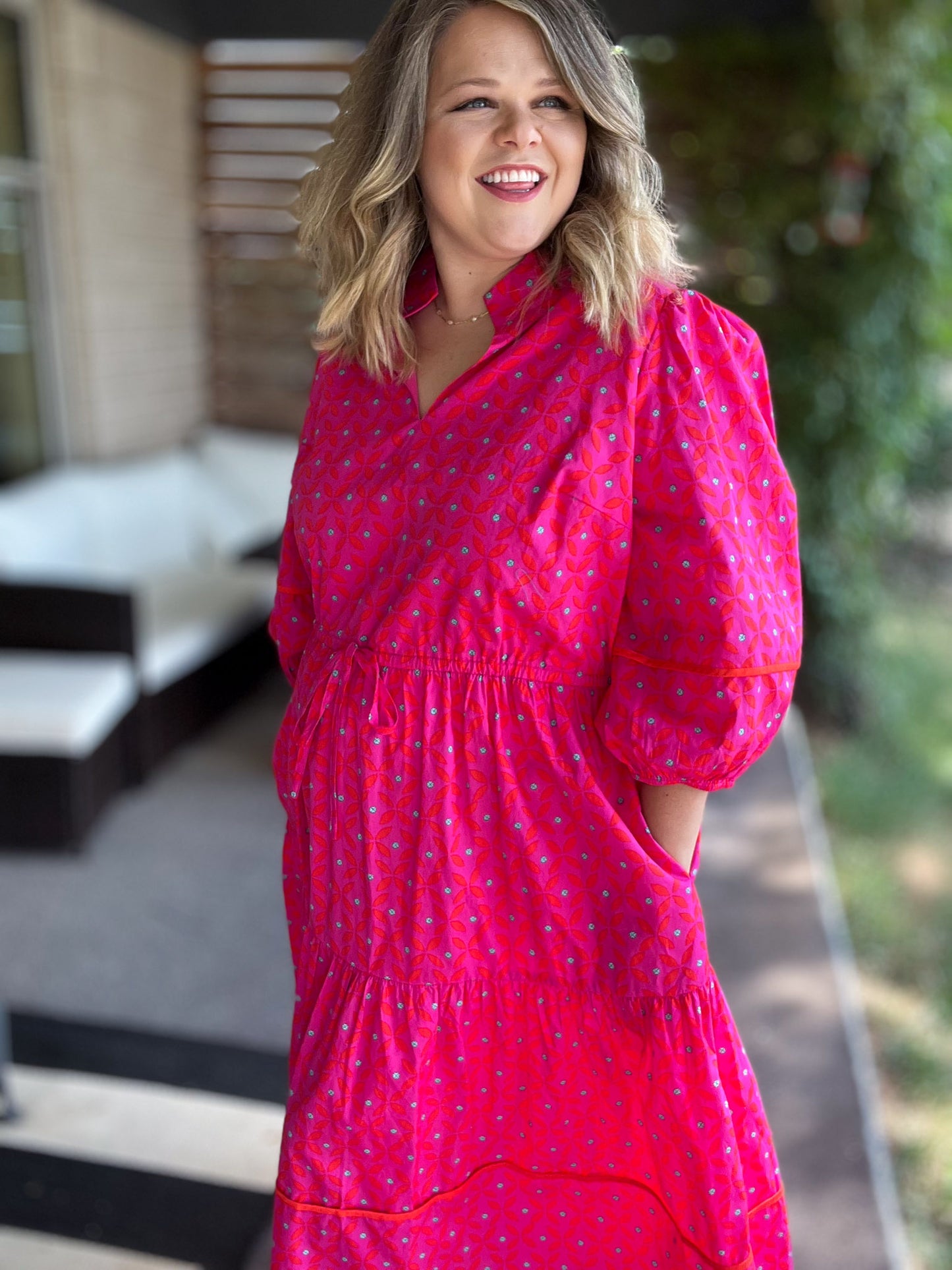 Think Pink Plus-Size Geo Floral Midi Dress