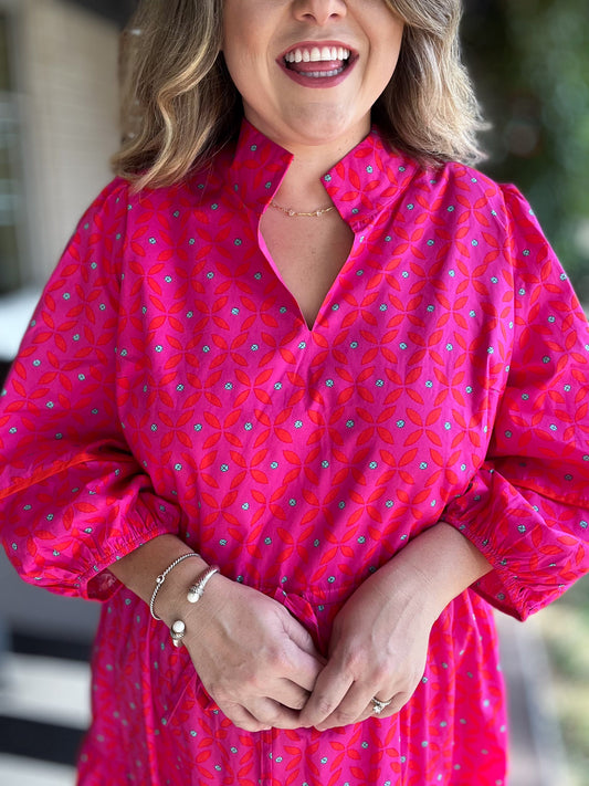 Think Pink Plus-Size Geo Floral Midi Dress