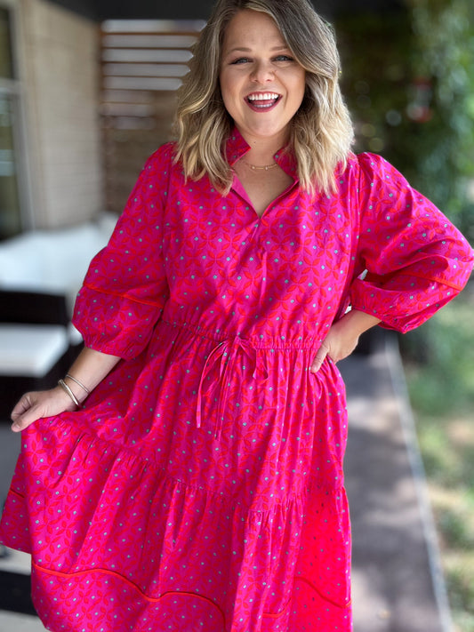 Think Pink Plus-Size Geo Floral Midi Dress