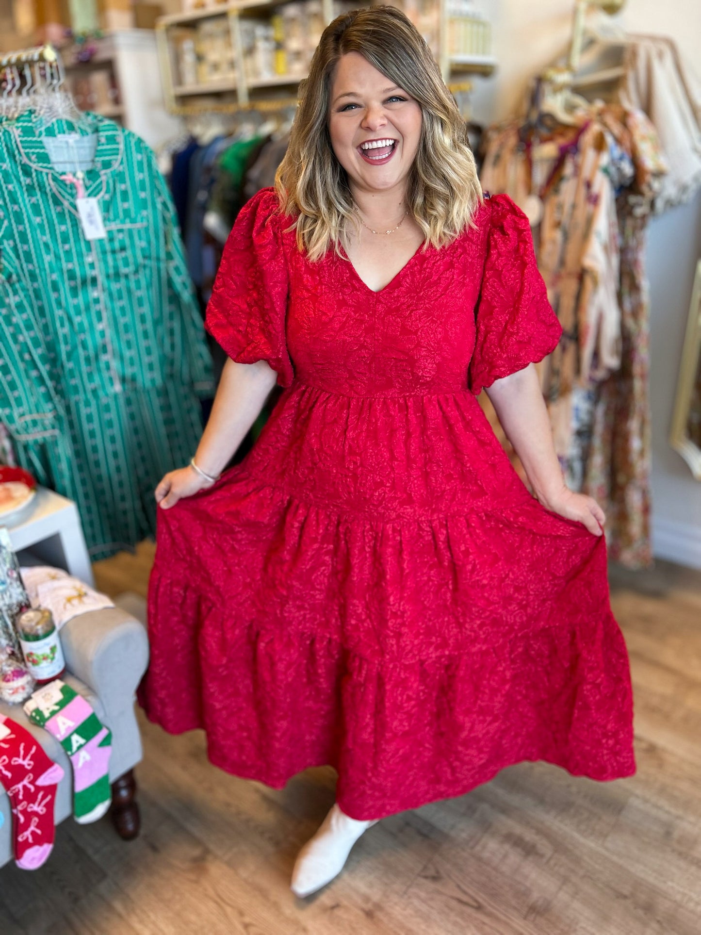 This Christmas Plus-Size Red Jacquard Dress