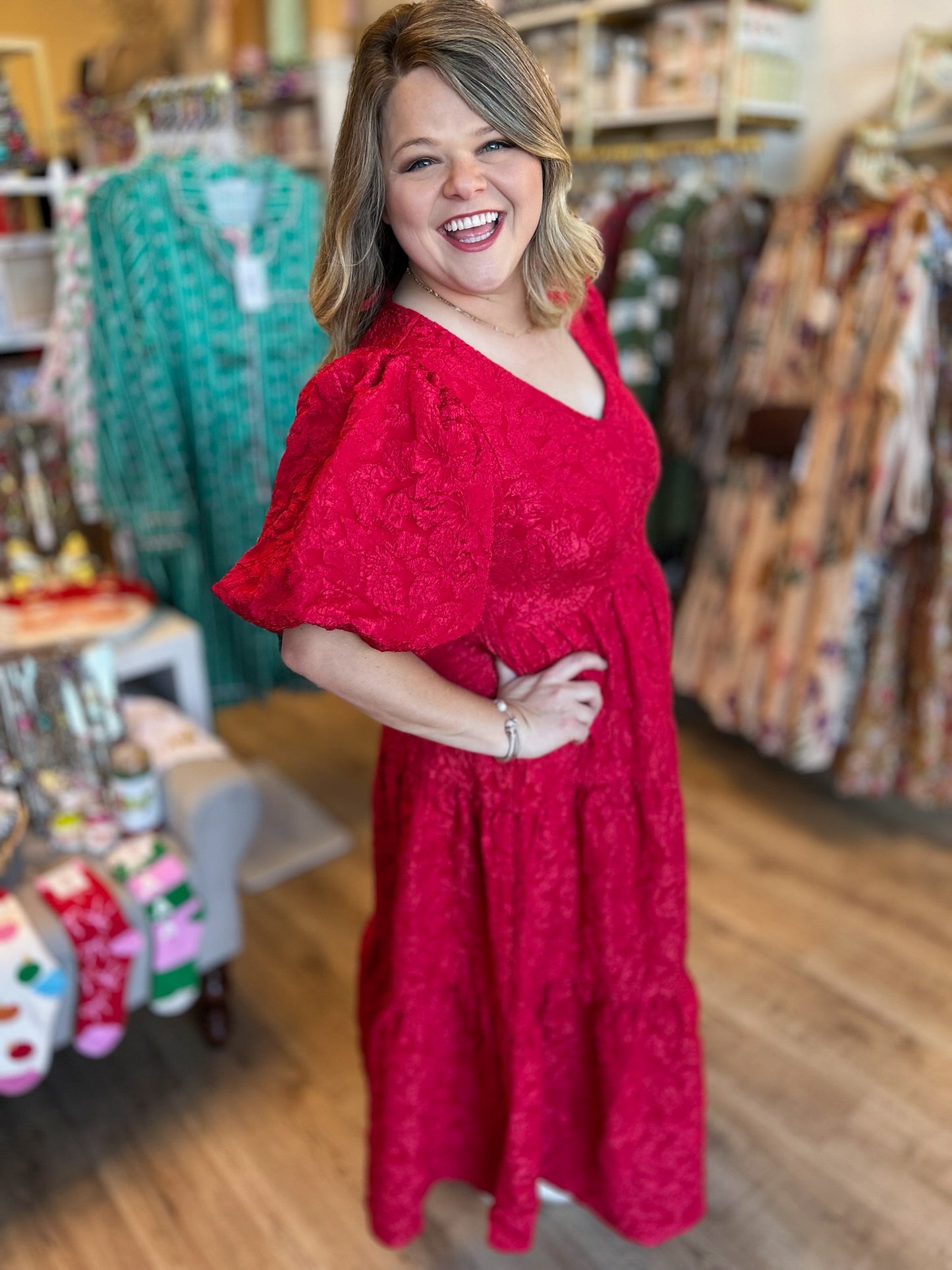 This Christmas Plus-Size Red Jacquard Dress