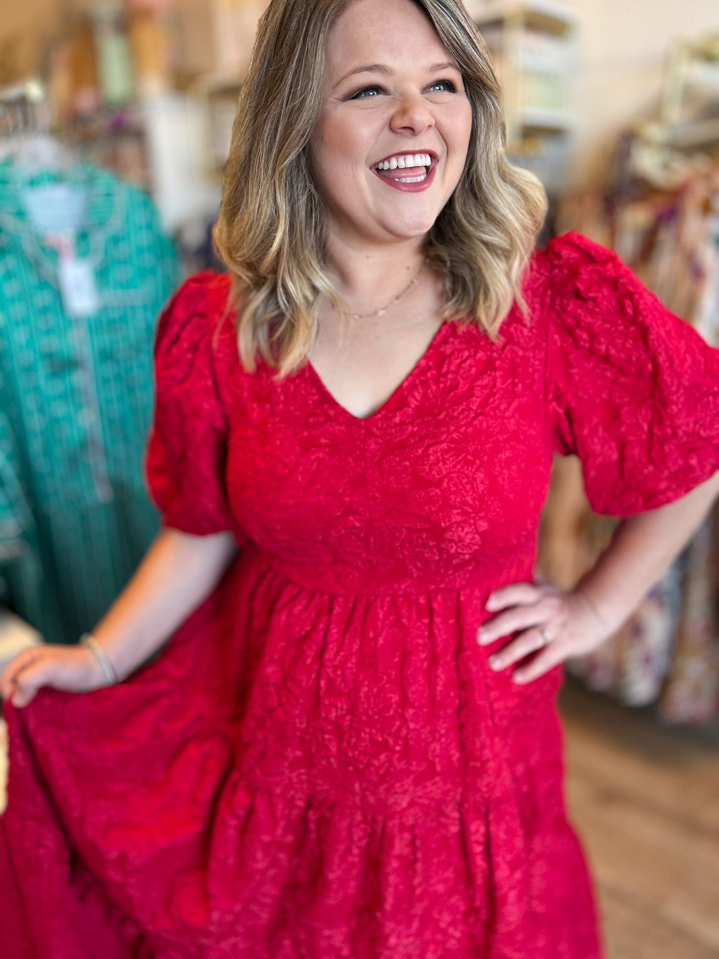 This Christmas Plus-Size Red Jacquard Dress