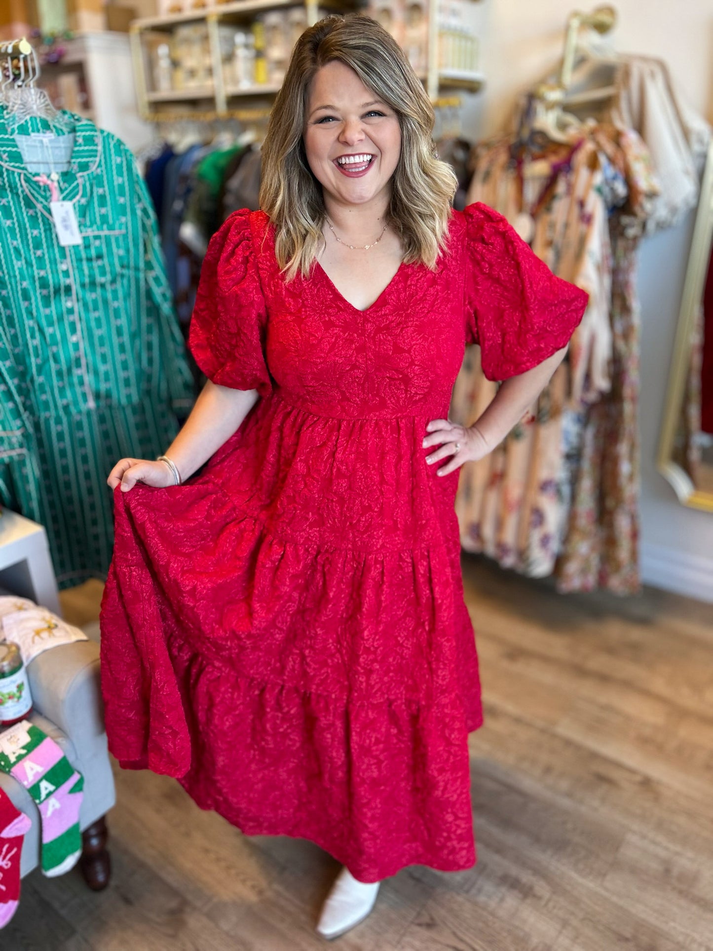 This Christmas Plus-Size Red Jacquard Dress