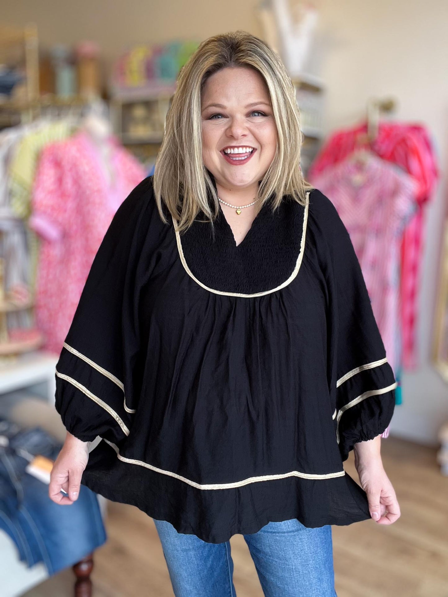 Timeless Touch Curvy Black Balloon Sleeve Top