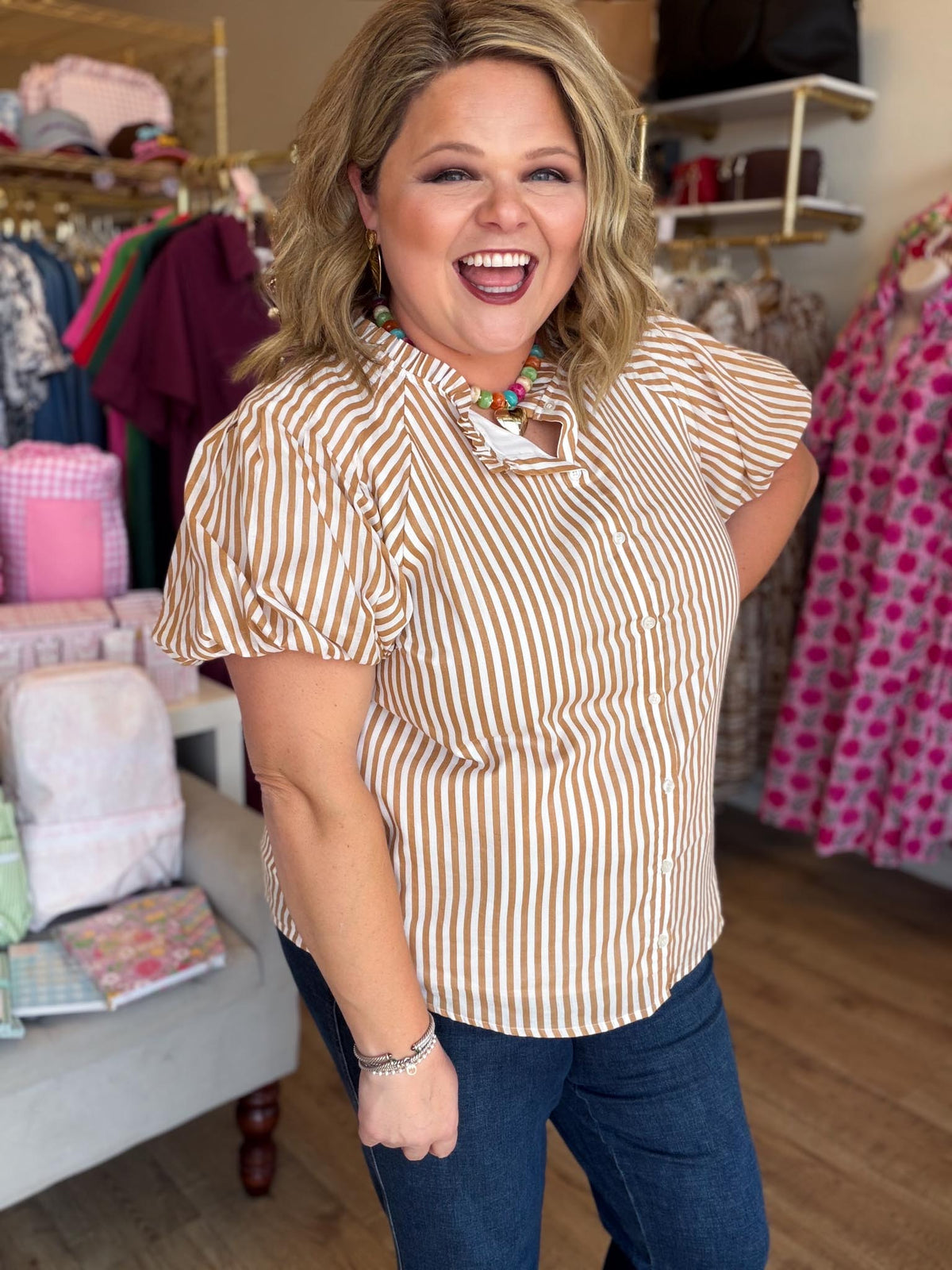 Timeless in Tan Plus-Size Beige Stripe Button Top