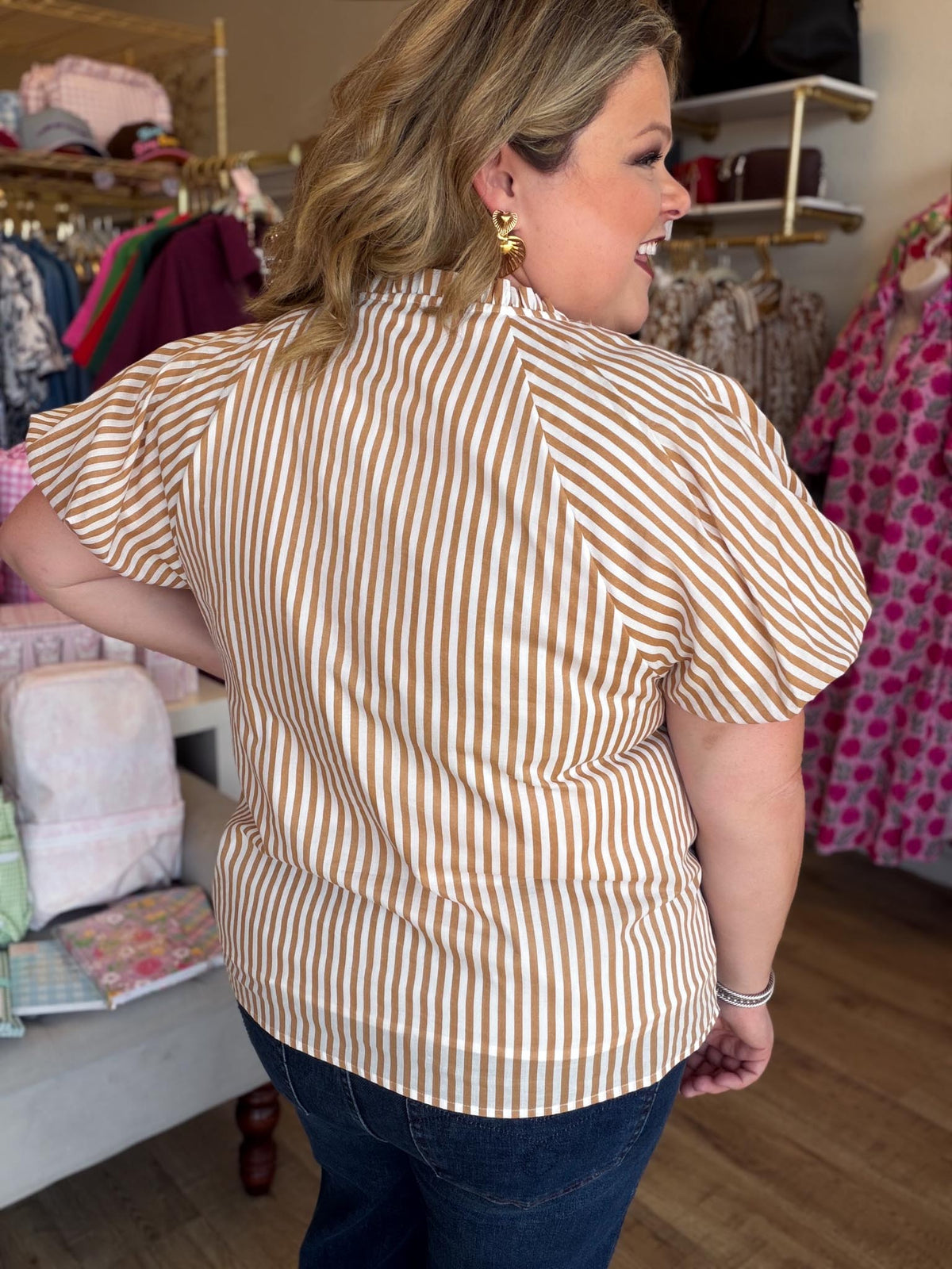 Timeless in Tan Plus-Size Beige Stripe Button Top
