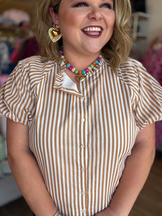 Timeless in Tan Plus-Size Beige Stripe Button Top