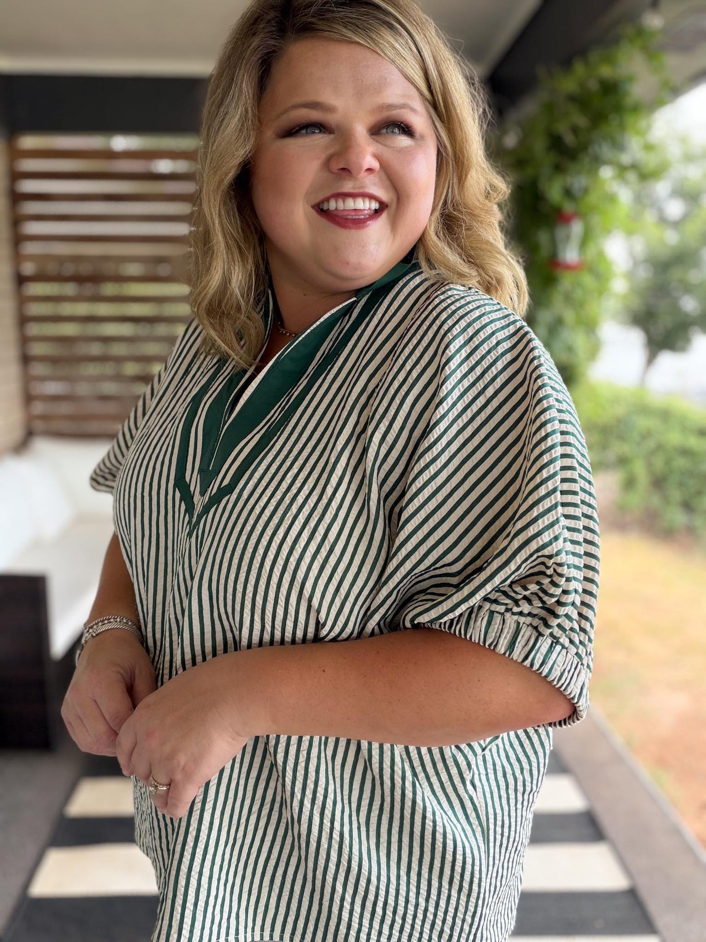 Trending into Fall Curvy Green Dolman Stripe Top