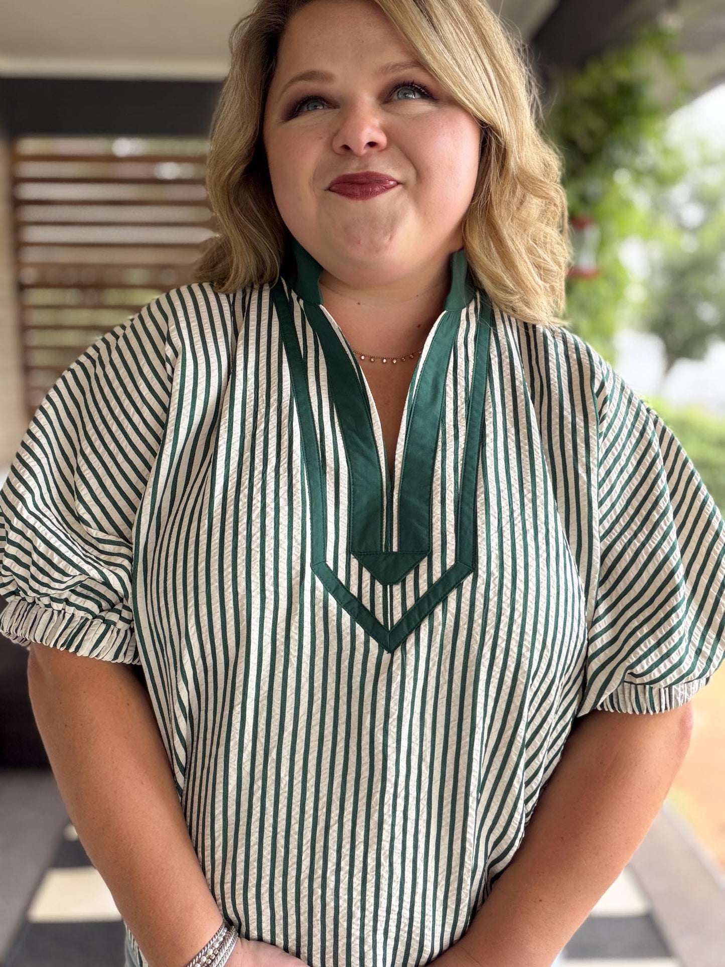 Trending into Fall Curvy Green Dolman Stripe Top