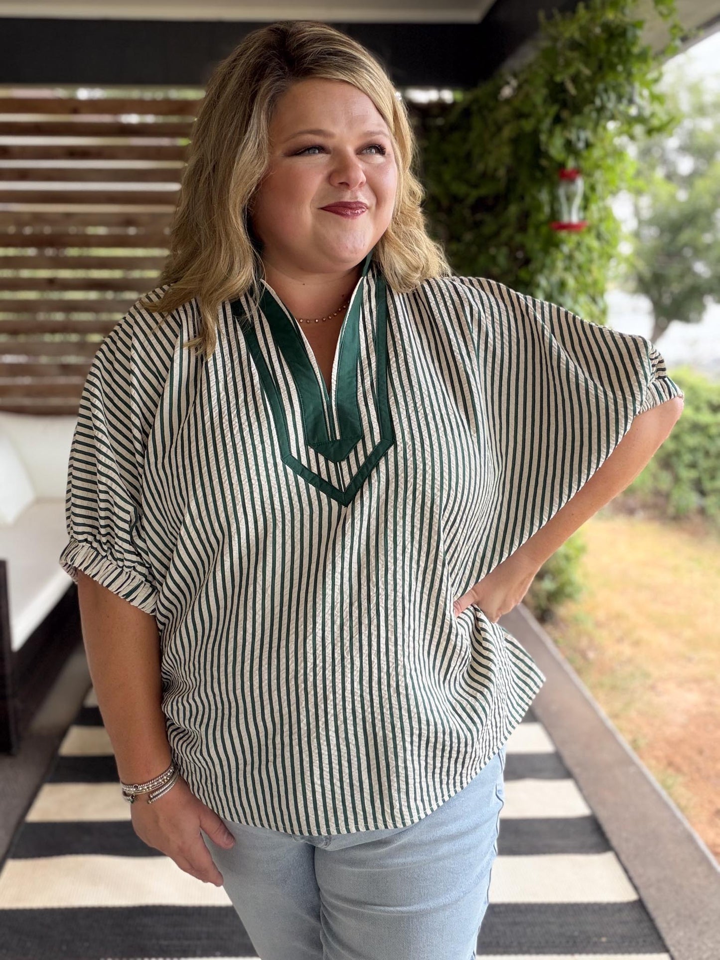 Trending into Fall Curvy Green Dolman Stripe Top